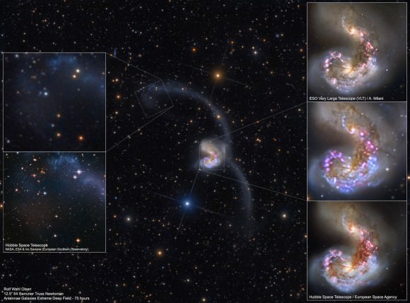 Comparison images from the Hubble Space Telescope and the Very Large Telescope, compared with the 75-hour ultra-deep image  by Rolf Wahl Olsen. Credit and copyright: Rolf Wahl Olsen. 