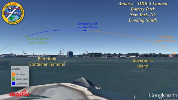 Battery Park, NYC - Antares Orb-2 trajectory. Credit: Orbital Sciences