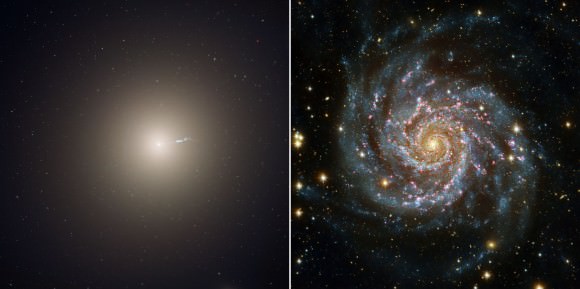 The differences between elliptical and spiral galaxies is easy to see. M87 at left and M74, both photographed with the Hubble Space Telescope. Credit: NASA/ESA