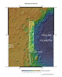 A map of the Hellas basin in the southern hemisphere of Mars, as well as the rocky Hellespontus Montes. Image taken by the High Resolution Stereo Camera on ESA’s Mars Express. Credit: NASA MGS MOLA Science Team/Freie Universitaet Berlin