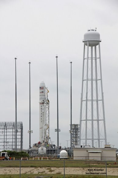 Antares rocket and Cygnus spacecraft await launch on Orb 2 mission on July 13, 2014 from Launch Pad 0A at NASA Wallops Flight Facility Facility, VA. LADEE lunar mission launch pad 0B stands adjacent to right of Antares. Credit: Ken Kremer - kenkremer.com