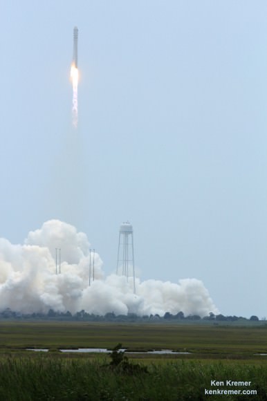 Orbital Sciences Corporation Antares rocket and Cygnus spacecraft blasts off on July 13  2014 from Launch Pad 0A at NASA Wallops Flight Facility , VA, on the Orb-2 mission and loaded with over 3000 pounds of science experiments and supplies for the Expedition 40 crew aboard the International Space Station. Credit: Ken Kremer - kenkremer.com