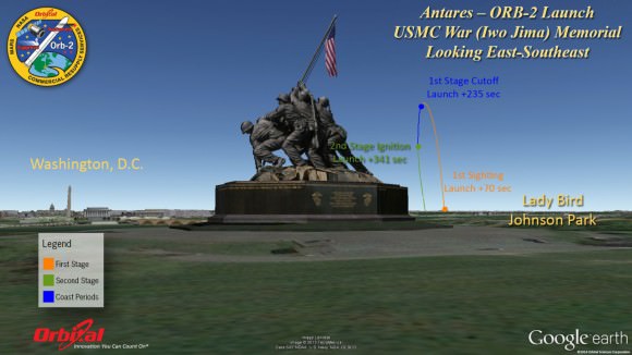 Iwo Jima Memorial -  - Antares Orb-2 trajectory. Credit: Orbital Sciences