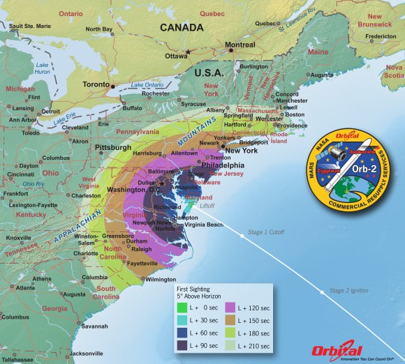Orbital 2 Launch from NASA Wallops Island, VA on July 12, 2014- Time of First Sighting Map   This map shows the rough time at which you can first expect to see Antares after it is launched on July 12, 2014. It represents the time at which the rocket will reach 5 degrees above the horizon and varies depending on your location . We have selected 5 degrees as it is unlikely that you'll be able to view the rocket when it is below 5 degrees due to buildings, vegetation, and other terrain features. As an example, using this map when observing from Washington, DC shows that Antares will reach 5 degrees above the horizon more than a minute.   Credit: Orbital Sciences