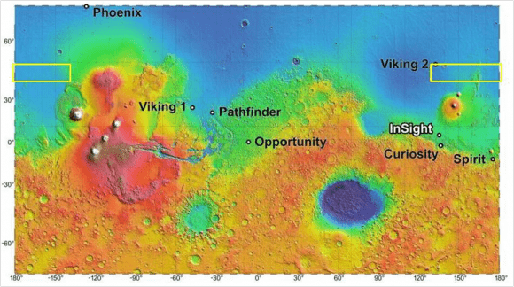 Image shows color MOLA relief with US lander landing sites (Image credit NASA/JPL-Caltech/Arizona State University). Yellow box indicates Mars One Precursor landing regions under consideration.  