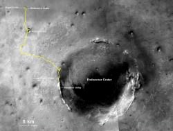 The gold line on this image shows Opportunity's route from the landing site inside Eagle Crater, in upper left, to its current location. Image Credit: NASA