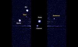 Pluto and its moons, most of which were discovered while New Horizons was in development and en route. Charon was found in 1978, Nix and Hydra in 2005, Kerberos in 2011 and Styz in 2012. The New Horizons mission launched in 2007. Picture taken by the Hubble Space Telescope. Credit: NASA