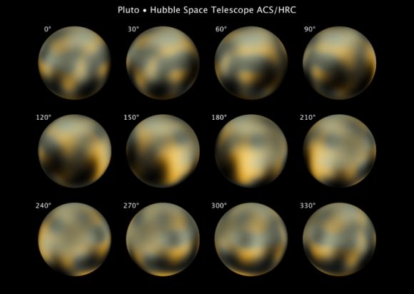 Pluto's surface as viewed from the Hubble Space Telescope in several pictures taken in 2002 and 2003. Though the telescope is a powerful tool, the dwarf planet is so small that it is difficult to resolve its surface. Astronomers noted a bright spot (180 degrees) with an unusual abundance of carbon monoxide frost. Credit: NASA