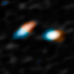 The key velocity data taken with ALMA that helped the astronomers determine that the disks in HK Tau were misaligned. The red areas represent material moving away from Earth and the blue indicates material moving toward us. Credit: NASA/JPL-Caltech/R. Hurt (IPAC)