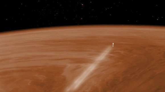 Artist's conception of Venus Express doing an aerobraking maneuver in the atmosphere in 2014. Credit: ESA–C. Carreau