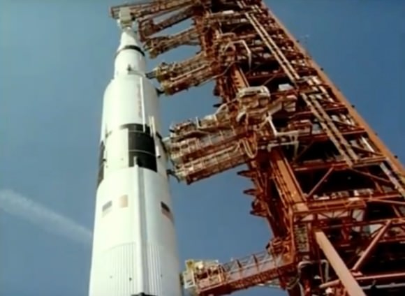 Apollo 11's Saturn V rocket prior to the launch July 16, 1969. Screenshot from the 1970 documentary "Moonwalk One." Credit: NASA/Theo Kamecke/YouTube