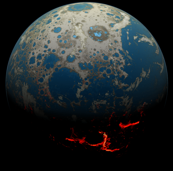 Artist's conception of early Earth after several large asteroid impacts, moving magma on to the surface. Credit: Simone Marchi/SwRI