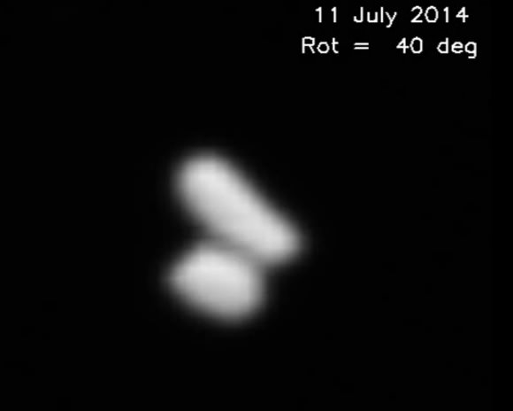 A view from the Rosetta spacecraft on July 11, 2014 showing what appears to be double lobes in the nucleus of Comet 67P/Churyumov-Gerasimenko. Screenshot from YouTube. Credit: ESA/Rosetta/MPS for OSIRIS Team MPS/UPD/LAM/IAA/SSO/INTA/UPM/DASP/IDA
