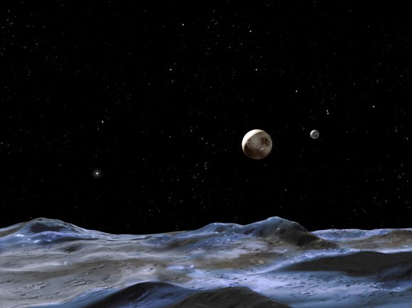 Artist's conception of the Pluto system from the surface of one of its moons. Credit: NASA, ESA and G. Bacon (STScI)