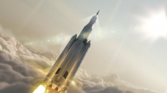Artist concept of NASA’s Space Launch System (SLS) 70-metric-ton configuration launching to space. SLS will be the most powerful rocket ever built for deep space missions, including to an asteroid and ultimately to Mars. Credit: NASA/MSFC