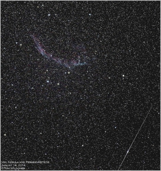 Perseid Meteor and the Veil Nebula as seen from Weatherly, Pennsylvania on August 14, 2014. Credit and copyright: Tom Wildoner. 