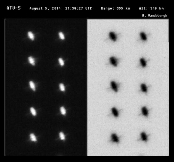 Pictures of the last European automated transfer vehicle going to the International Space Station in 2014. Pictures taken using a 10-inch Newtonian telescope and monochromatic camera. Credit: Ralf Vandebergh