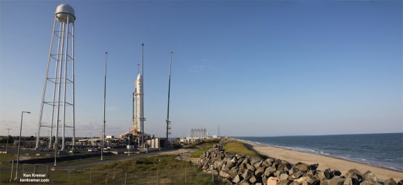 Orbital Sciences Corporation Antares rocket and Cygnus spacecraft prior to blast off on July 13  2014 from Launch Pad 0A at NASA Wallops Flight Facility , VA, on the Orb-2 mission bound for the International Space Station.  Credit: Ken Kremer - kenkremer.com