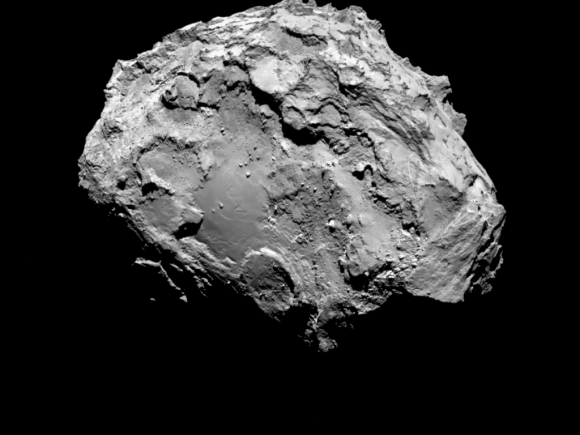Back side view of Comet 67P/Churyumov-Gerasimenko was taken by Rosetta’s OSIRIS narrow-angle camera on 3 August 2014 from a distance of 285 km.   The image resolution is 5.3 metres/pixel. Credits: ESA/Rosetta/MPS for OSIRIS Team MPS/UPD/LAM/IAA/SSO/INTA/UPM/DASP/IDA
