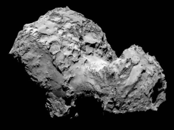 The image of Comet 67P/Churyumov-Gerasimenko was taken by Rosetta’s OSIRIS narrow-angle camera on 3 August 2014 from a distance of 285 km.   Credits: ESA/Rosetta/MPS for OSIRIS Team MPS/UPD/LAM/IAA/SSO/INTA/UPM/DASP/IDA