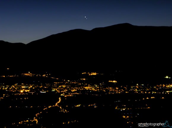 Beautiful conjunction of Jupiter and Venus over the Appennines on August 18, 2014. The foreground in the image shows the Peligna Valley in central Italy and the city of Sulmona. Credit and copyright: Giuseppe Petricca