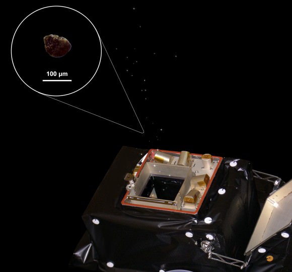An artist's impression of the Grain Impact Analyser and Dust Accumulator (GIADA) on the Rosetta spacecraft, which is collecting dust from Comet 67P/Churyumov–Gerasimenko. The inset is a an analog dust grain used in the laboratory to calibrate the instrument. Credit: ESA/Rosetta/GIADA/Univ Parthenope NA/INAF-OAC/IAA/INAF-IAPS