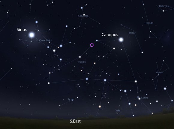 Sky as seen from central South America showing the approximate location of the new comet on August 19 in Puppis near the bright star Canopus. Stellarium