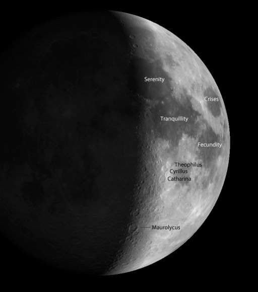 Four dark lunar seas, also called 'maria' (MAH-ree-uh), pop out in binoculars. Four featured craters are also highlighted - the triplet of Theophilus, Cyrillus and Catharina and Maurolycus, named after Francesco Maurolico, a 16th century Italian scientist. Credit: Virtual Moon Atlas / Christian LeGrande, Patrick Chevalley
