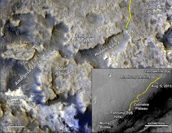 The main map here shows the assortment of landforms near the location of NASA's Curiosity Mars rover as the rover's second anniversary of landing on Mars nears. The gold traverse line entering from upper right ends at Curiosity's position as of Sol 705 on Mars (July 31, 2014). The inset map shows the mission's entire traverse from the landing on Aug. 5, 2012, PDT (Aug. 6, EDT) to Sol 705, and the remaining distance to long-term science destinations near Murray Buttes, at the base of Mount Sharp. The label "Aug. 5, 2013" indicates where Curiosity was one year after landing.    Credit: NASA/JPL-Caltech/Univ. of Arizona