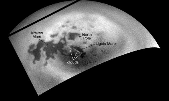 Clouds swirl near Titan's north pole in this annotated still image from the Cassini mission. Credit: NASA/JPL-Caltech/Space Science Institute 