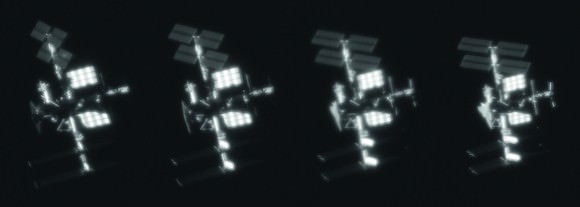 These images of the ISS are taken from a video obtained on February 28, 2011, with a 10" Schmidt-Cassegrain telescope and a monochrome video camera mounted on a Takahashi mount. The mount’s electronics were considerably modified by Emmanuel Rietsch for satellite tracking and were used in conjunction with his software, Video Sky (a modification he also performs on EQ-G mounts). At the center left of the ISS, viewed from the rear and docked to the ISS, is the space shuttle Atlantis. Just to its right, astronaut Steve Bowen is on a spacewalk at the end of the ISS articulated arm (triangular structure). When the images are merged in pairs using the cross-eyed viewing technique described earlier in this chapter, the ISS appears in 3D. The solar panels of the ISS are at top and bottom. The large rectangular white checkerboard structures are radiators.  Credit and copyright: Thierry Legault. 