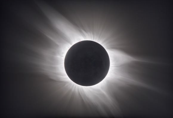 For the total eclipse of March 29, 2006, five images of exposure increasing by a factor of four per step (1/250, 1/60, 1/15, 1/4, and 1 second) were combined with HDR processing to produce this wide dynamic range view of the solar corona. The earthshine on the moon also can be seen. The HDR program Photomatix was used to register the images before they were combined. Credit and copyright: Thierry Legault. 