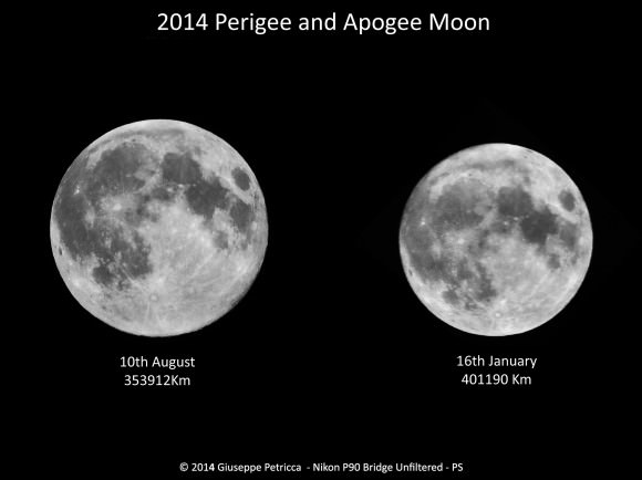 A comparison the between two 'extreme' full Moons of 2014:  the perigee Full Moon of August 10th, and the apogee full Moon of January 16. As seen from Central Italy. Credit and copyright: Giuseppe Petricca.