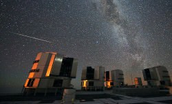 A 2010 Perseid meteor streaks over the European Southern Observatory's Very Large Telescope (VLT). Credit: ESO