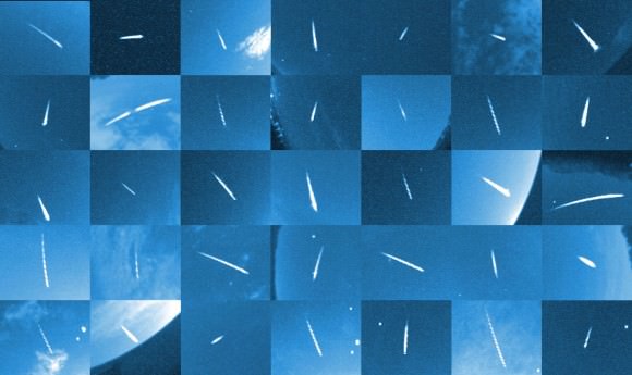 Composite of bright Perseid meteors recorded by NASA all-sky cameras in 2011. Each is a grain of rock shed from the tail of comet 109P/ Swift-Tuttle. Every year in mid-August, Earth passes through the comet’s debris trail as it orbits around the sun. Any particles we smack into burn up as meteors about 60-70 miles overhead. Credit: NASA
