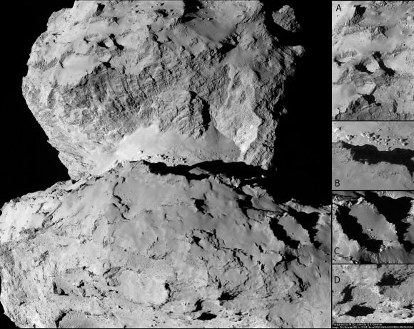 This image of comet 67P/Churyumov-Gerasimenko shows the diversity of surface structures on the comet's nucleus. It was taken by the Rosetta spacecraft's OSIRIS narrow-angle camera on August 7, 2014. At the time, the spacecraft was 65 miles (104 kilometers) away from the 2.5 mile (4 kilometer) wide nucleus.  Credit:  ESA/Rosetta/MPS for OSIRIS Team MPS/UPD/LAM/IAA/SSO/INTA/UPM/DASP/IDA/Enhanced processing Marco Di Lorenzo/Ken Kremer 
