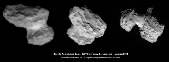ESA’s Rosetta Spacecraft on final approach to Comet 67P/Churyumov-Gerasimenko in early August 2014. This collage of navcam imagery from Rosetta was taken on Aug. 1, 2 and 3 from distances of 1026 km, 500 km and 300 km. Not to scale.  Credit: ESA/Rosetta/NAVCAM   Collage/Processing: Ken Kremer/Marco Di Lorenzo