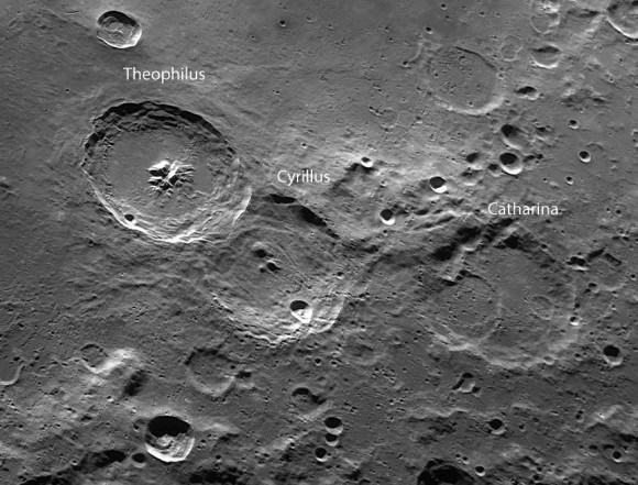 Close-up of our featured trio of craters. Sharpness indicates freshness. Comparing the three, the Theophilus impact clearly happened after the others. Craters gradually become eroded over time from micrometeorite impacts, solar wind bombardment, moonquakes and extreme day-to-night temperature changes. Credit: Damian Peach