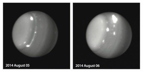 Huge storms on Uranus were spotted by the Keck Observatory on Aug. 5 and Aug. 6, 2014. Credit: Imke de Pater (UC Berkeley), Pat Fry (University of Wisconsin), Keck Observatory