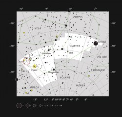 This chart shows the constellation of Carina (The Keel) and includes all the stars that can be seen with the unaided eye on a clear and dark night. This region of the sky includes some of the brightest star formation regions in the Milky Way. The location of the distant, but very bright and compact, open star cluster NGC 3603 is marked. This object is not spectacular in small telescopes, appearing as just a tight clump of stars surrounded by faint nebulosity. Credit: ESO