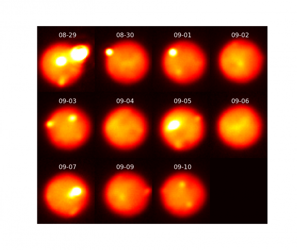 Images of Io taken in the near-infrared with adaptive optics at the Gemini North telescope tracking the evolution of the eruption as it decreased in intensity over 12 days. Due to Io’s rapid rotation, a different area of the surface is viewed on each night; the outburst is visible with diminishing brightness on August 29 & 30 and September 1, 3, & 10. Image credit: Katherine de Kleer/UC Berkeley/Gemini Observatory/AURA
