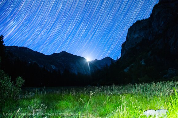 Star trails at dawn just as the Sun rises above the mountains in Kings Canyon. Credit and copyright: Gavin Heffernan. 