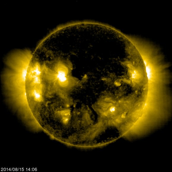 A raw image of the Sun taken by the Solar and Heliospheric Observatory (SOHO) on Aug. 15, 2014. Credit: ESA/NASA/SOHO