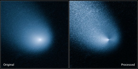 Comet: Siding Spring. The images above show -- before and after filtering -- comet C/2013 A1, also known as Siding Spring, as captured by Wide Field Camera 3 on NASA's Hubble Space Telescope.  Image Credit: NASA, ESA, and J.-Y. Li (Planetary Science Institute)