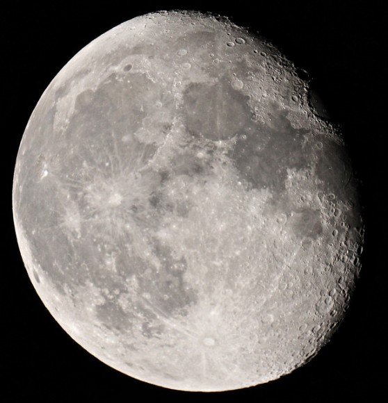 The moon in its waning gibbous phase on Sept. 12, 2014. Photo taken with a Canon 700D attached to a Maksutov 127mm telescope. Credit: Sarah&Simon Fisher