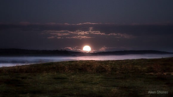 The big Harvest Moon sinks into the West, as seen from New South Wales, Australia on September 9, 2014. Credit and copyright: Wes Schulstad/Alien Shores. 