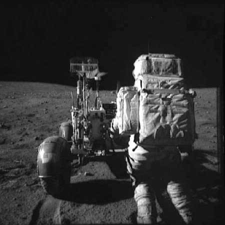 An Apollo 16 astronaut works near the lunar rover in the Descartes Highlands in April 1972. Credit: NASA / Lunar and Planetary Institute