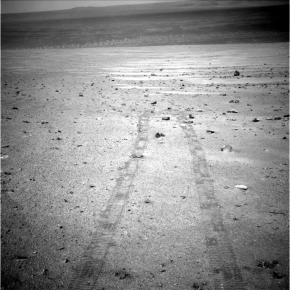 Tracks from Opportunity stretch across this vista taken by the rover on Sol 3,781 in September 2014. Credit: NASA/JPL-Caltech/Cornell Univ./Arizona State Univ. 