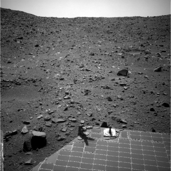 A still from the Opportunity rover's navigation camera taken on Sol 3,783 in September 2014. At bottom is part of the solar panel cells used to power the Martian rover. Credit: NASA/JPL-Caltech/Cornell Univ./Arizona State Univ. 