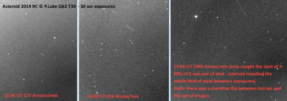 Three 30 second exposures at different times during Asteroid 2014 RC's pass by Earth on September 7, 2014. Credit and copyright: Peter Lake. 